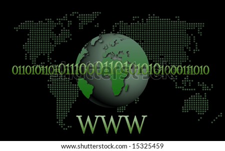 a digital background representing the world wide web , made up of binary cod and a glowing globe
