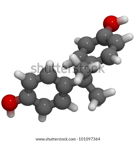 Bisphenol A (BPA) molecule, chemical structure. BPA is a chemical often present in polycarbonate plastics that has estrogen disrupting effects.