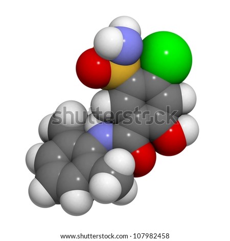 Xipamide molecule, chemical structure. Xipamide is a diuretic drug used in the treatment of hypertension and also as a doping agent in sports.