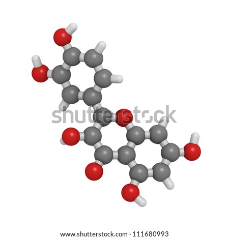 Quercetin flavonoid molecule, chemical structure. Quercetin is a flavonoid compound found in many plants. Research suggests that quercetin can be used in antiviral therapy and inflammation treatment.