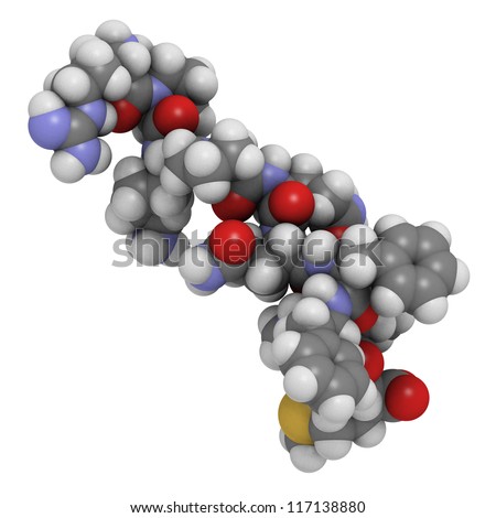 Substance P pain peptide molecule, chemical structure. This neuropeptide plays a role in pain sensation and inflammation.