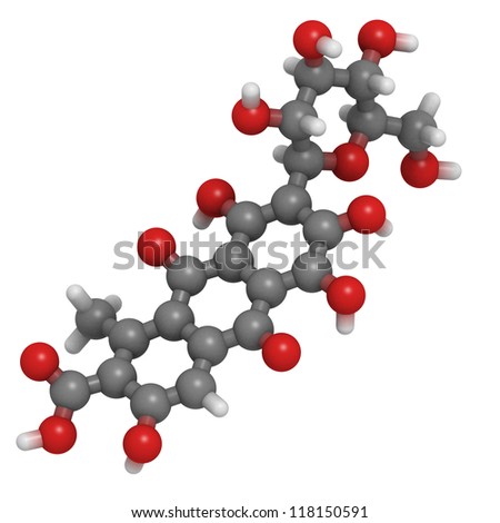 Carminic acid crimson pigment molecule, chemical structure. Carminic acid is a crimson pigment found in cochineal.