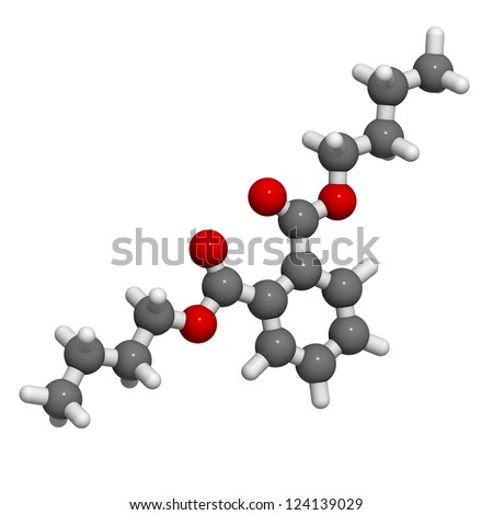 Dibutyl phthalate (DBP) plasticizer molecule, chemical structure. Phthalates are common additives in plastics and are suspected to have negative effects on human health.