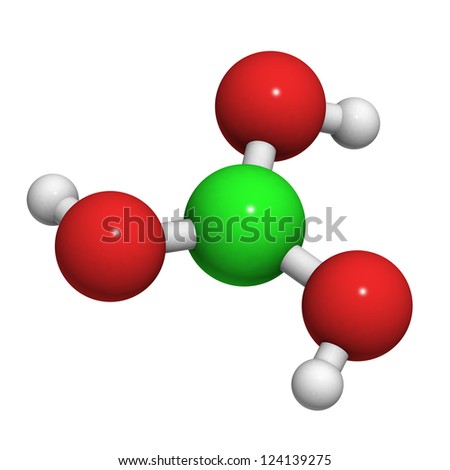 Boric acid molecule, chemical structure. Boric acid acts as an antiseptic, insecticide and flame retardant.