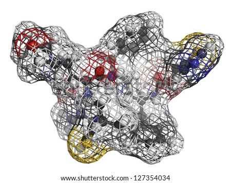 Cobicistat HIV drug, molecular model. Cobicistat is a booster drug slows down the breakdown of other HIV medicines and therefore is used in the combination drug treatment of HIV.