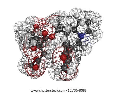 Omacetaxine mepesuccinate leukemia drug, molecular model. This drug inhibits protein synthesis and is used in the treatment of chronic myelogenous leukemia (CML)