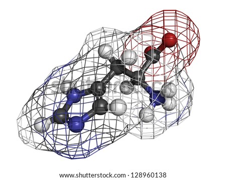 Histidine (His, H) amino acid, molecular model. Amino acids are the building blocks of all proteins. Atoms are represented as spheres with conventional color coding: hydrogen (white), etc