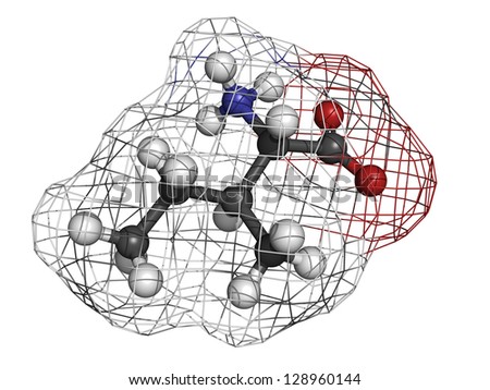 Isoleucine (Ile, I) amino acid, molecular model. Amino acids are the building blocks of all proteins. Atoms are represented as spheres with conventional color coding: hydrogen (white), etc
