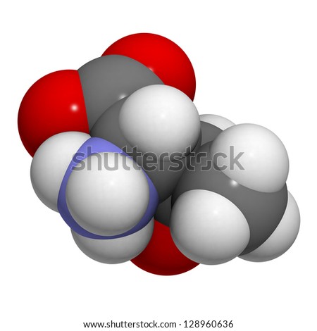 Threonine (Thr, T) amino acid, molecular model. Amino acids are the building blocks of all proteins. Atoms are represented as spheres with conventional color coding: hydrogen (white), etc