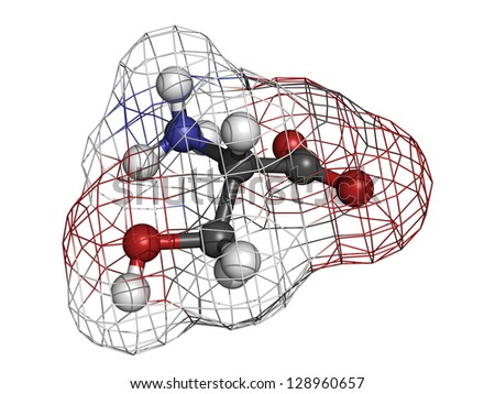 Serine (Ser, S) amino acid, molecular model. Amino acids are the building blocks of all proteins. Atoms are represented as spheres with conventional color coding: hydrogen (white), carbon (grey), etc