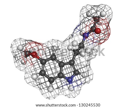 melatonin hormone, molecular model. Melatonin plays a role in regulating the daily biological cycle (circadian rythm). Atoms are represented as spheres with conventional color codin