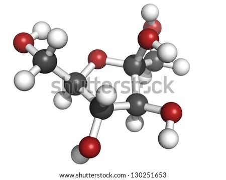 Fructose fruit sugar molecule, chemical structure. Atoms are represented as spheres with conventional color coding: hydrogen (white), carbon (grey), oxygen (red)