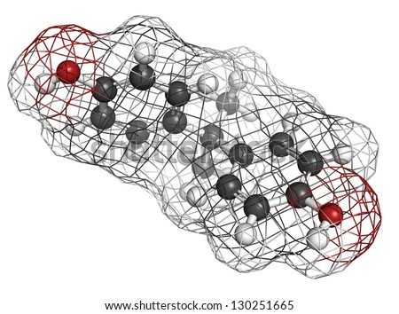 Bisphenol A (BPA) plastic pollutant molecule, chemical structure. BPA is a chemical often present in polycarbonate plastics that has estrogen disrupting effects. Atoms are represented as spheres