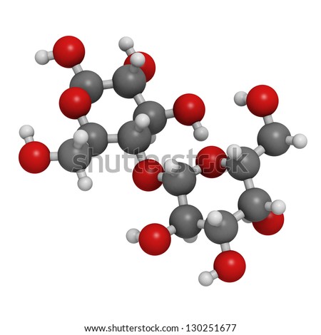 Lactose milk sugar molecule, chemical structure. Lactose is the disaccharide sugar found in milk. Atoms are represented as spheres with conventional color coding