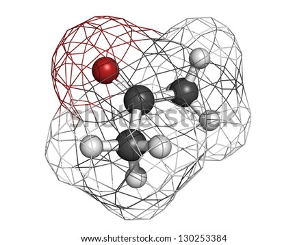 Acetone solvent molecule, molecular model. Atoms are represented as spheres with conventional color coding: hydrogen (white), carbon (grey), oxygen (red)