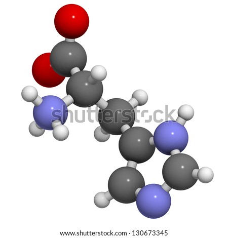 Histidine (His, H) amino acid, molecular model. Amino acids are the building blocks of all proteins. Atoms are represented as spheres with conventional color coding: hydrogen (white), etc