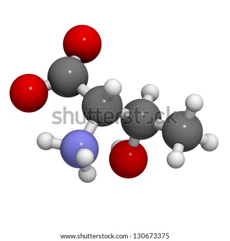 Threonine (Thr, T) amino acid, molecular model. Amino acids are the building blocks of all proteins. Atoms are represented as spheres with conventional color coding: hydrogen (white), carbon (grey), .