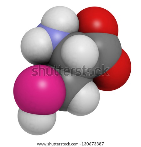 Selenocysteine (Sec, U) amino acid, molecular model. Amino acids are the building blocks of all proteins. Atoms are represented as spheres with conventional color coding