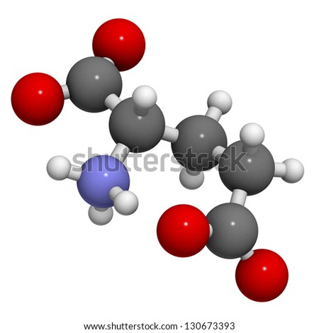 Glutamic acid (Glu, E, glutamate) amino acid and neurotransmitter, molecular model. Amino acids are the building blocks of all proteins. Glutamate is also responsible for umami flavor.