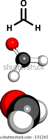Formaldehyde (CH2O), molecular model. Formaldehyde is a known carcinogenic agent and a common indoor air pollutant. Three representations