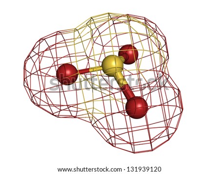 Sulfite (sulphite) food and wine preservative, molecular model. Atoms are represented as spheres with conventional color coding: sulfur (yellow), oxygen (red)