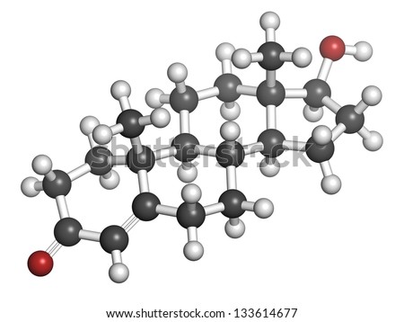 Testosterone male sex hormone, molecular model. Atoms are represented as spheres with conventional color coding: hydrogen (white), carbon (grey), oxygen (red)
