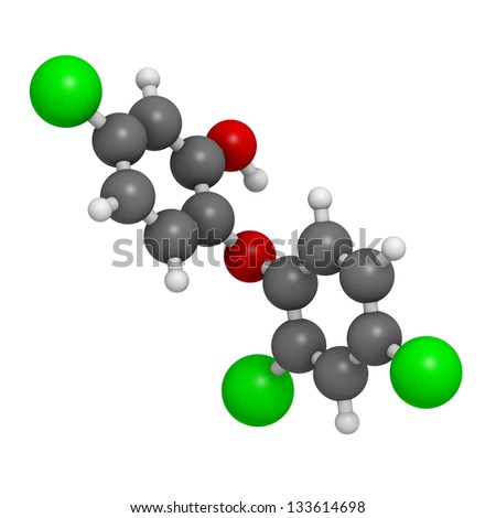 Triclosan antibacterial, molecular model. Atoms are represented as spheres with conventional color coding: hydrogen (white), carbon (grey), oxygen (red), chlorine (green).