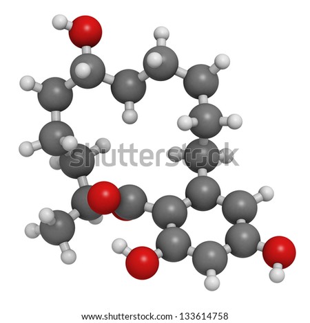 Zeranol beef growth promoter, molecular model. Zeranol has non-steroidal estrogen agonist properties. Atoms are represented as spheres with conventional color coding: hydrogen (white), etc