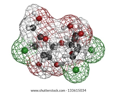 Sucralose artificial sweetener, molecular model. Atoms are represented as spheres with conventional color coding: hydrogen (white), carbon (grey), oxygen (red), chlorine (green)
