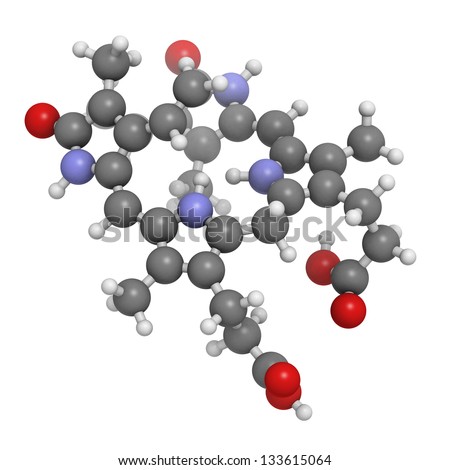 Bilirubin heme breakdown product, molecular model. Atoms are represented as spheres with conventional color coding: hydrogen (white), carbon (grey), oxygen (red), nitrogen (blue)