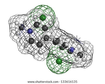 dipyridylium weed killer, molecular model. Atoms are represented as spheres with conventional color coding: hydrogen (white), carbon (grey), nitrogen (blue), chlorine (green).