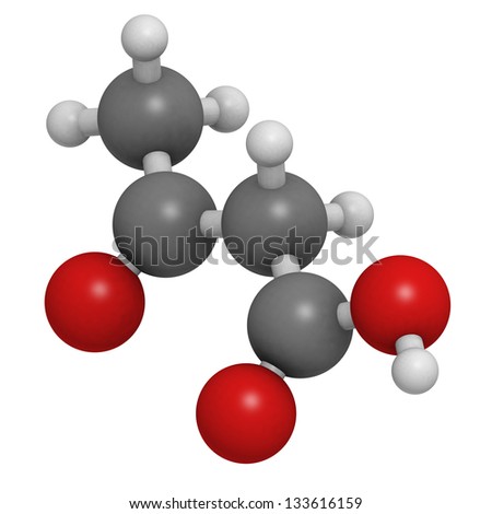 Ketone body (acetoacetic acid), molecular model. Atoms are represented as spheres with conventional color coding: hydrogen (white), carbon (grey), oxygen (red)