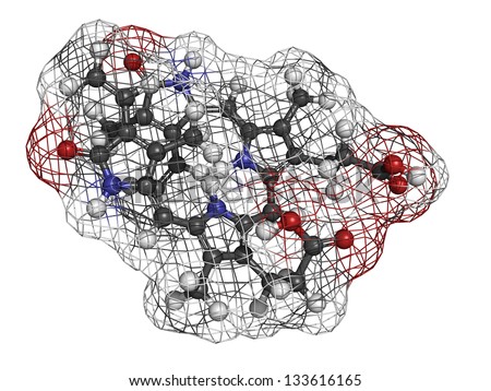 Bilirubin heme breakdown product, molecular model. Atoms are represented as spheres with conventional color coding: hydrogen (white), carbon (grey), oxygen (red), nitrogen (blue)