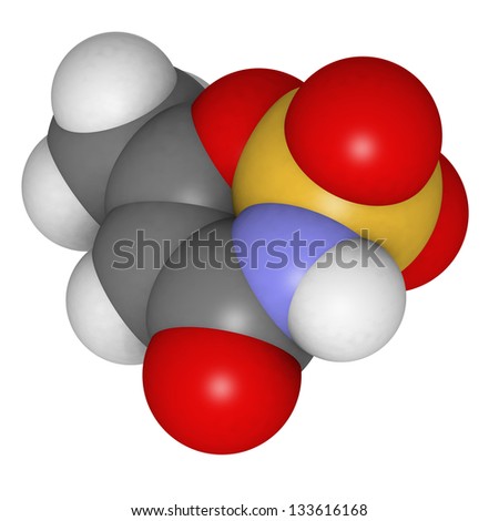 Acesulfame artificial sweetener, molecular model. Acesulfame is mainly used as its potassium salt (acesulfame-K). Atoms are represented as spheres with conventional color coding: