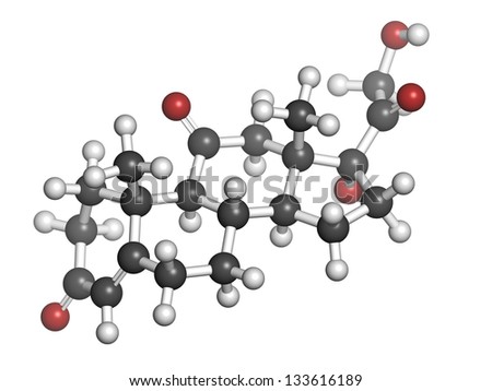 cortisone stress hormone, molecular model. Atoms are represented as spheres with conventional color coding: hydrogen (white), carbon (grey), oxygen (red)