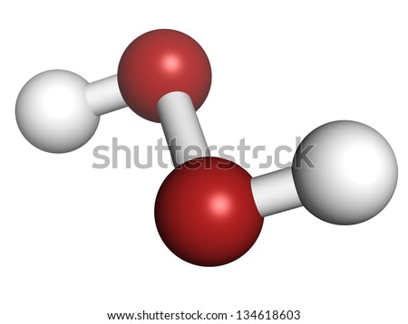 Hydrogen peroxide (H2O2) molecule, chemical structure. HOOH is an example of a reactive oxygen species (ROS). H2O2 solutions are often used in bleach and cleaning agents. Atoms represented as spheres