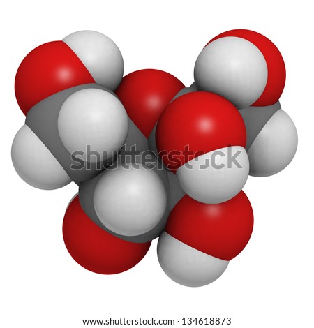 Fructose fruit sugar molecule, chemical structure. Atoms are represented as spheres with conventional color coding: hydrogen (white), carbon (grey), oxygen (red)