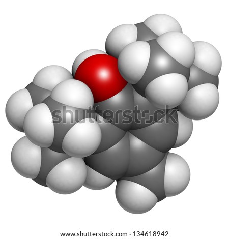 butylated hydroxytoluene (BHT) food additive, molecular model. BHT is a controversial chemical antioxidant often added to food products. Atoms are represented as spheres with conventional color coding