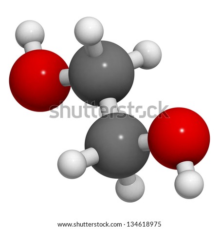 ethylene glycol car antifreeze and polyester building block, molecular model. Atoms are represented as spheres with conventional color coding: hydrogen (white), carbon (grey), oxygen (red)