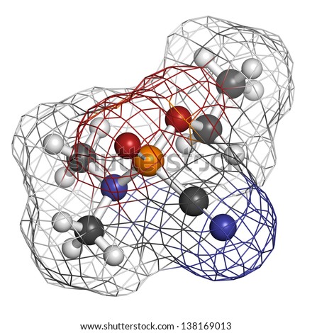 Tabun nerve agent, molecular model. Tabun is a chemical weapon, classified as a weapon of mass destruction. Atoms are represented as spheres with conventional color coding