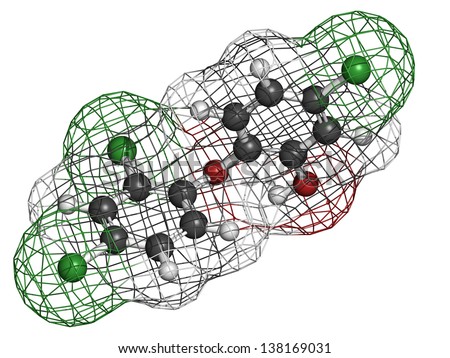 Triclosan antibacterial, molecular model. Atoms are represented as spheres with conventional color coding: hydrogen (white), carbon (grey), oxygen (red), chlorine (green).