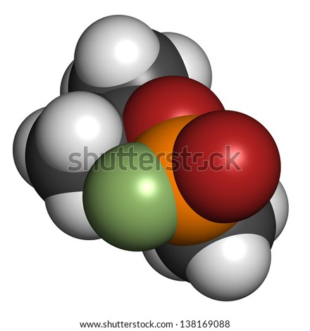Sarin nerve agent, molecular model. Sarin is a chemical weapon, classified as a weapon of mass destruction. Atoms are represented as spheres with conventional color coding