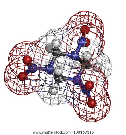 RDX (cyclonite, hexogen) explosive molecule, chemical structure. Atoms are represented as spheres with conventional color coding: hydrogen (white), carbon (grey), oxygen (red), nitrogen (blue)