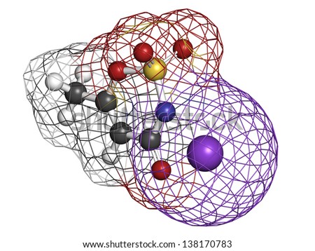 Acesulfame artificial sweetener, molecular model. Acesulfame is mainly used as its potassium salt (acesulfame-K). Atoms are represented as spheres with conventional color coding