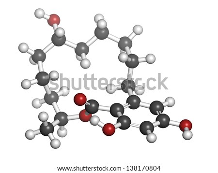 Zeranol beef growth promoter, molecular model. Zeranol has non-steroidal estrogen agonist properties. Atoms are represented as spheres with conventional color coding