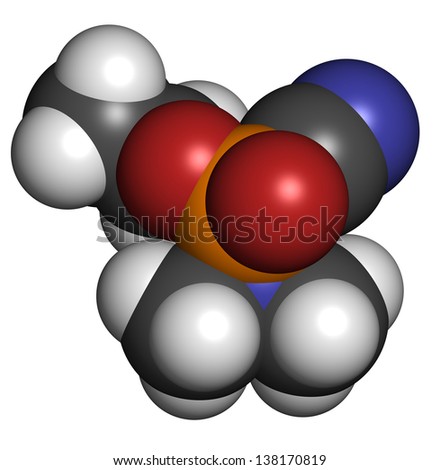 Tabun nerve agent, molecular model. Tabun is a chemical weapon, classified as a weapon of mass destruction. Atoms are represented as spheres with conventional color coding