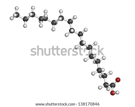 Stearic acid saturated fatty acid, molecular model. Atoms are represented as spheres with conventional color coding: hydrogen (white), carbon (grey), oxygen (red)