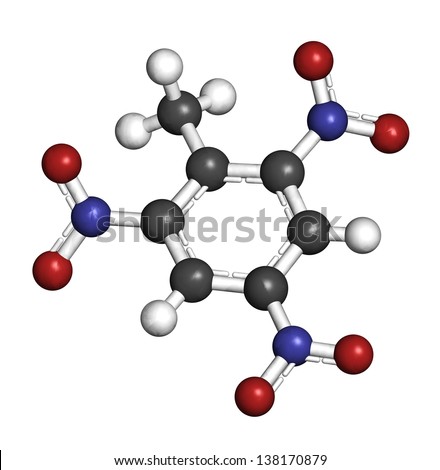 Trinitrotoluene (TNT) explosive molecule, chemical structure. Atoms are represented as spheres with conventional color coding: hydrogen (white), carbon (grey), oxygen (red), nitrogen (blue)