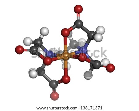EDTA iron complex, molecular model. Atoms are represented as spheres with conventional color coding: hydrogen (white), carbon (grey), oxygen (red), nitrogen (blue), iron (brown)