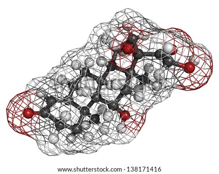 Cortisol (hydrocortisone) stress hormone, molecular model. Atoms are represented as spheres with conventional color coding: hydrogen (white), carbon (grey), oxygen (red)